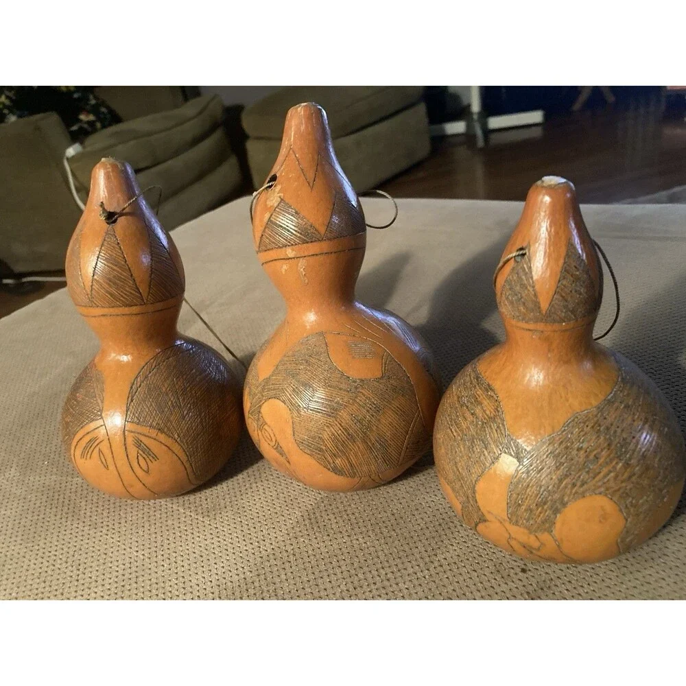 3 Peruvian Folk Art Hand Carved Gourd Ornaments Animal Etching Fish Horse Vintag